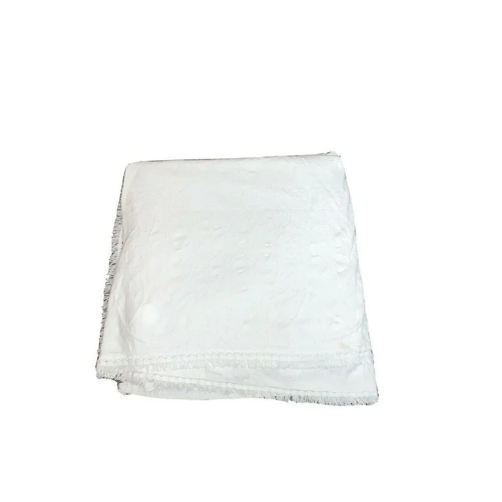 Vintage 1960s 1970s White Cotton Quilt Blanket Throw Bedspread Woven Fringe